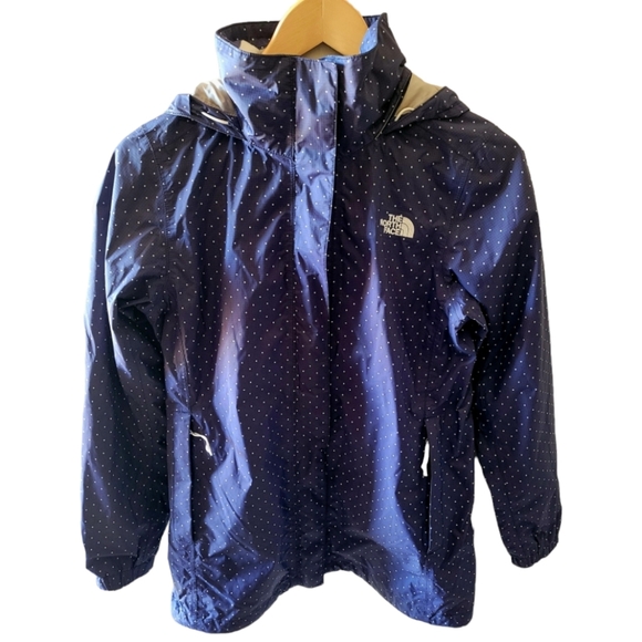 The Northface Navy and White Polka Dot Dryvent Resolve Parka Rain Coat Hooded - Picture 3 of 6